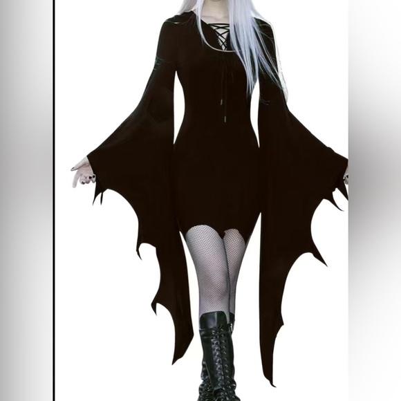 black gothic body con bat flare sleeve dress - Picture 1 of 5